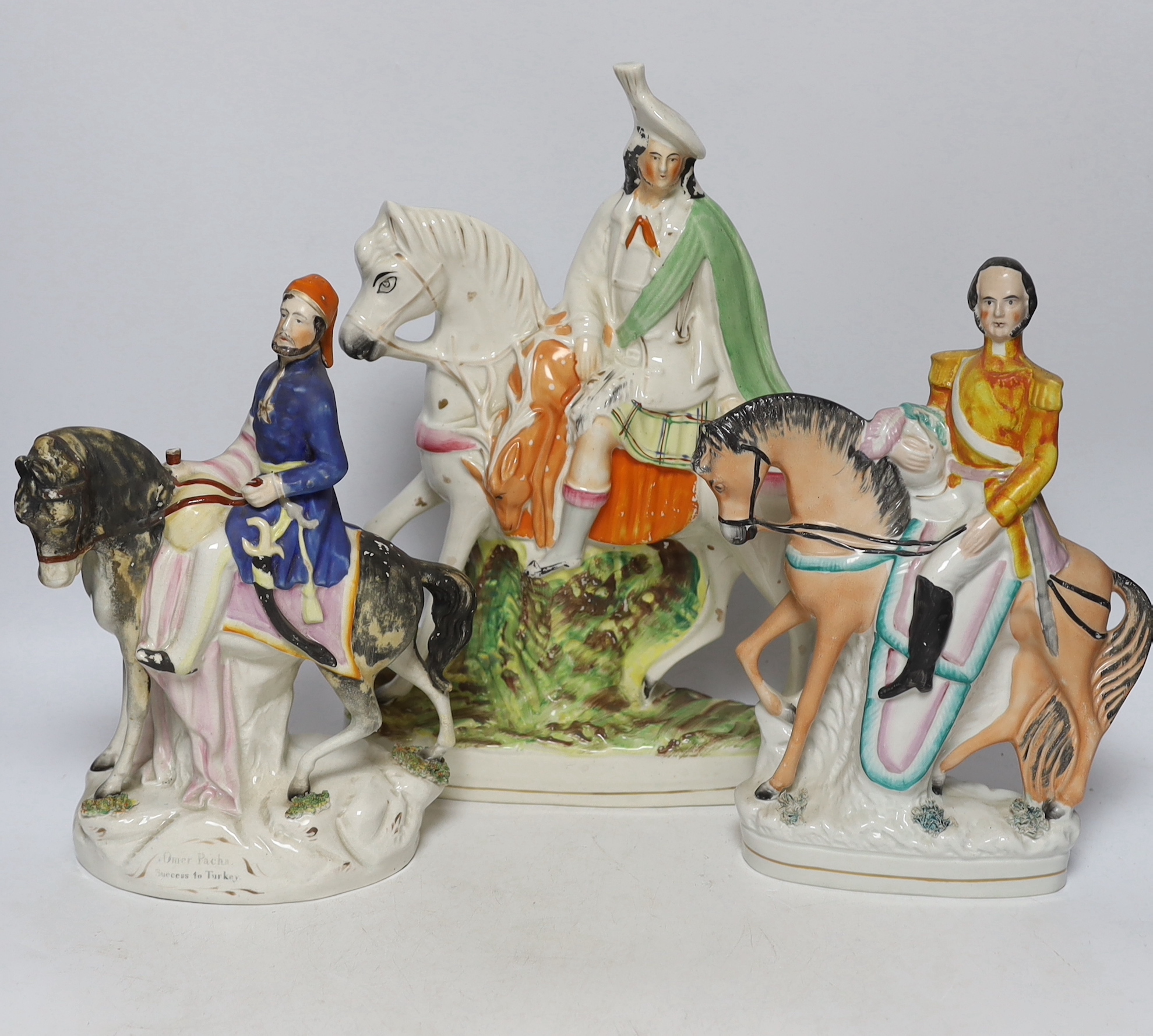 Five large Staffordshire pottery mounted equestrian groups, tallest 36cm